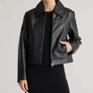 Womens Black Shirt Style Collar Leather Jacket Main