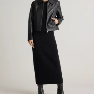 Womens Black Shirt Style Collar Leather Jacket Stand Up