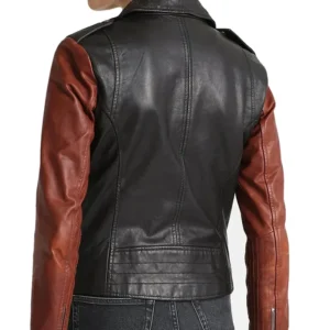 Womens Black and Brown Moto Leather Jacket Back