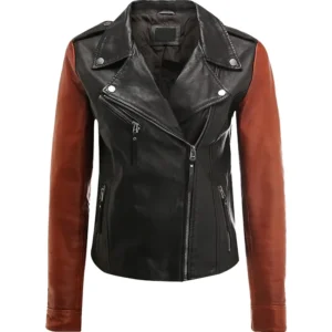 Womens Black and Brown Moto Leather Jacket Front