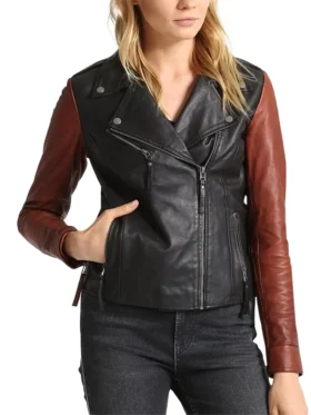 Womens Black and Brown Moto Leather Jacket Main