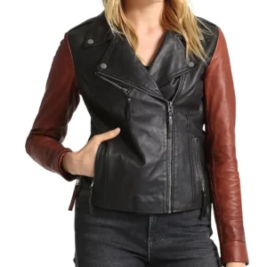 Womens Black and Brown Moto Leather Jacket Main