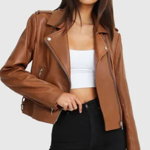 Womens Brown Stylish Racer Leather Jacket Main