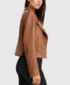 Womens Brown Stylish Racer Leather Jacket Side