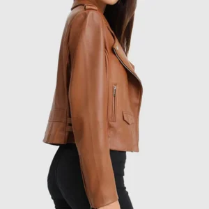 Womens Brown Stylish Racer Leather Jacket Side
