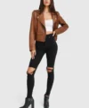 Womens Brown Stylish Racer Leather Jacket Stand Up