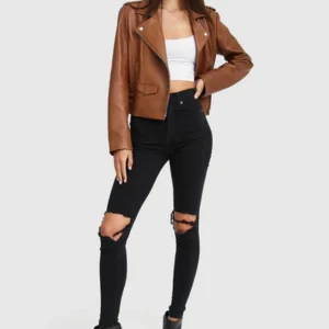 Womens Brown Stylish Racer Leather Jacket Stand Up