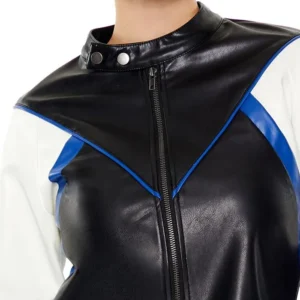 Womens Colorblock Cropped Leather Moto Jacket Collar