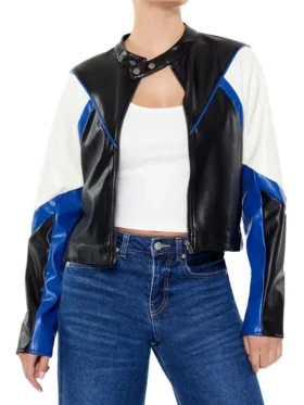 Womens Colorblock Cropped Leather Moto Jacket Main
