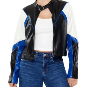 Womens Colorblock Cropped Leather Moto Jacket Main