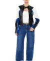 Womens Colorblock Cropped Leather Moto Jacket Stand Up