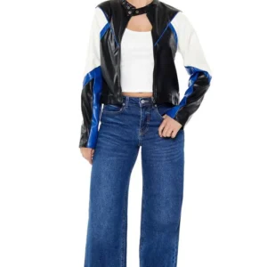 Womens Colorblock Cropped Leather Moto Jacket Stand Up