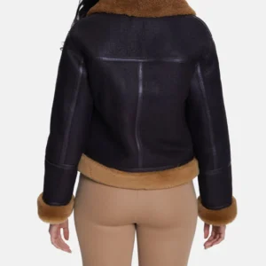 Womens Cropped Black Leather Aviator Jacket With Brown Fur Back