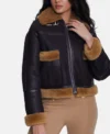 Womens Cropped Black Leather Aviator Jacket With Brown Fur Main