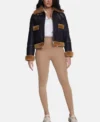 Womens Cropped Black Leather Aviator Jacket With Brown Fur Stand Up