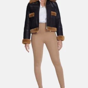 Womens Cropped Black Leather Aviator Jacket With Brown Fur Stand Up