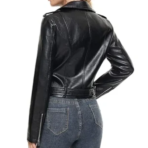 Womens Fahsyee Black Leather Biker Jacket Back