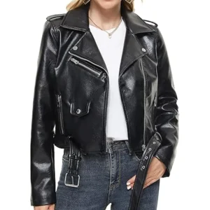 Womens Fahsyee Black Leather Biker Jacket Main