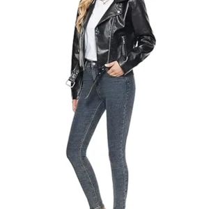 Womens Fahsyee Black Leather Biker Jacket Stand Up