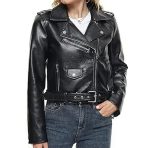 Womens Fahsyee Black Leather Biker Jacket Ziper