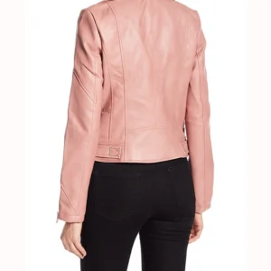 Womens Pink Hooded Genuine Leather Jacket Back