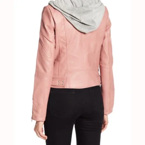 Womens Pink Hooded Genuine Leather Jacket Hood