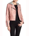 Womens Pink Hooded Genuine Leather Jacket Main