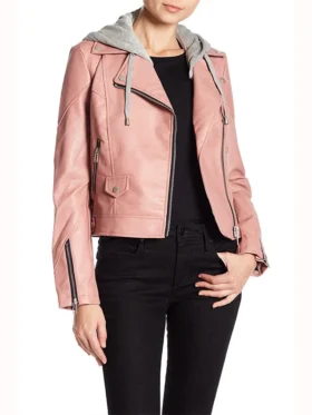 Womens Pink Hooded Genuine Leather Jacket Main