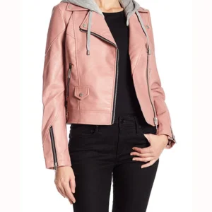 Womens Pink Hooded Genuine Leather Jacket Main