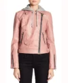 Womens Pink Hooded Genuine Leather Jacket Zipper