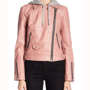 Womens Pink Hooded Genuine Leather Jacket Zipper