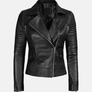 Womens Quilted Black Leather Biker Jacket Main