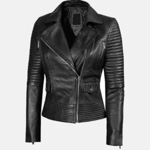 Womens Quilted Black Leather Biker Jacket Side