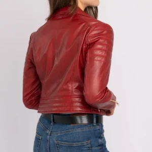 Womens Red Leather Motorcycle Biker Jacket Back
