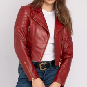 Womens Red Leather Motorcycle Biker Jacket Main 1