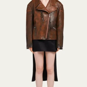 Womens Rusty Style Brown Vintage Leather Biker Jacket Stand Up