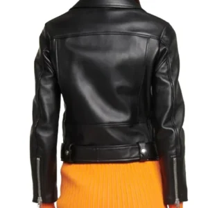 Womens Slim Fit Belted Black Motorcycle Jacket Back