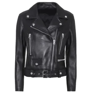 Womens Slim Fit Belted Black Motorcycle Jacket Front