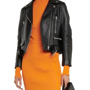 Womens Slim Fit Belted Black Motorcycle Jacket Main