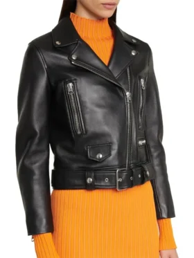Womens Slim Fit Belted Black Motorcycle Jacket Side