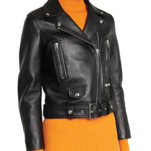 Womens Slim Fit Belted Black Motorcycle Jacket Side
