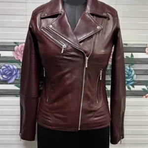 Zaina Women Burgundy Biker Leather Jacket