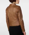 Zippered Collar Womens Brown Leather Biker Jacket Back