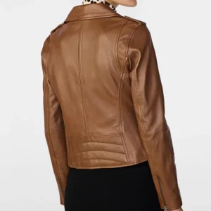 Zippered Collar Womens Brown Leather Biker Jacket Back