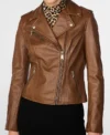 Zippered Collar Womens Brown Leather Biker Jacket Closure