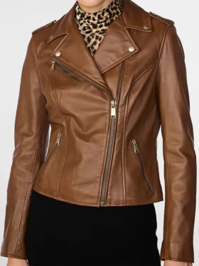 Zippered Collar Womens Brown Leather Biker Jacket Closure