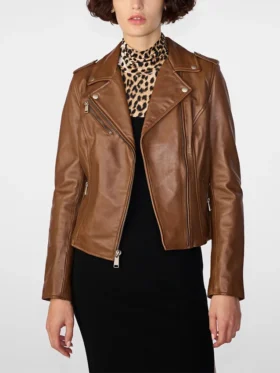 Zippered Collar Womens Brown Leather Biker Jacket Main