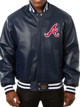 Atlanta Braves Navy Blue Leather Bomber Jacket