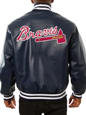 Atlanta Braves Navy Blue Leather Bomber Jacket Back