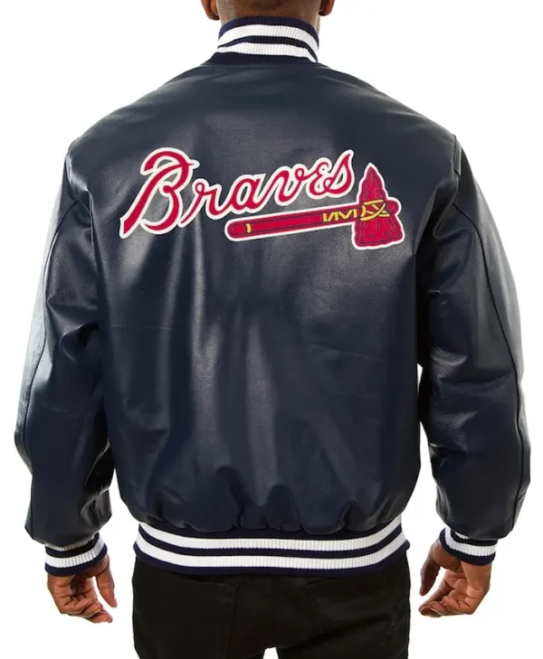 Atlanta Braves Navy Blue Leather Bomber Jacket Back